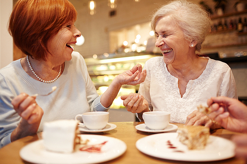 Two senior friendly females laughing during tea time