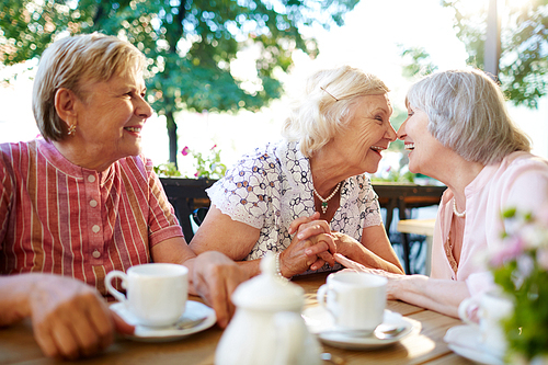 Cheerful grannies touching by noses and laughing