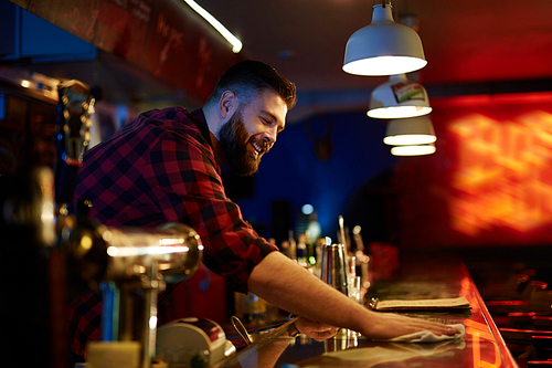 Bearded barman wiping bar counter