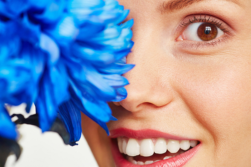 Young woman with blue chrysanthemum 