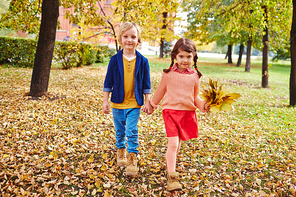Little friends walking down yellow fallen leaves in park