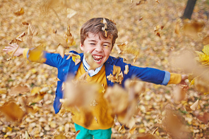 Laughing boy playing with falling leaves in park