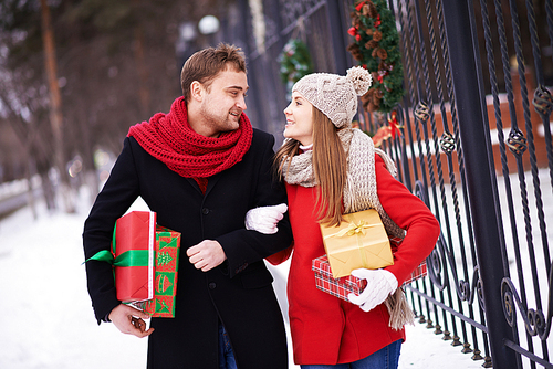 Amorous couple going home after buying Christmas presents