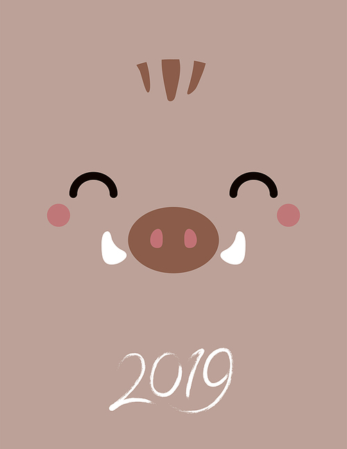 2019 New Year greeting card with kawaii wild boar face, numbers. Vector illustration. Flat style design. Concept for Japanese holiday banner, decorative element.