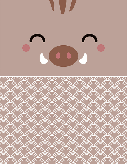2019 New Year greeting card with kawaii wild boar face, traditional ocean waves pattern. Vector illustration. Flat style design. Concept for Japanese holiday banner, decorative element.