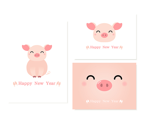 Set of 2019 Chinese New Year greeting cards with cute pigs with typography. Isolated objects on white . Hand drawn vector illustration. Design concept for holiday banner, decorative element.