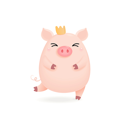 Hand drawn vector illustration of a cute little pig in a crown. Isolated objects on white . Design concept for Chinese New Year greeting card, holiday banner, decorative element.