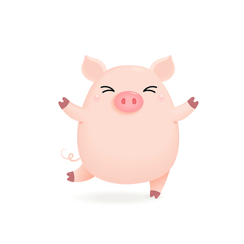 Hand drawn vector illustration of a cute happy little pig. Isolated objects on white . Design concept for Chinese New Year greeting card, holiday banner, decorative element.