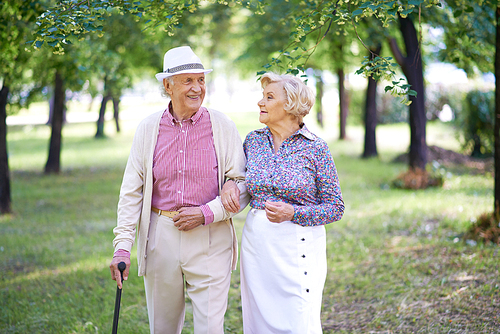 Elegant seniors taking a walk in the park in summer