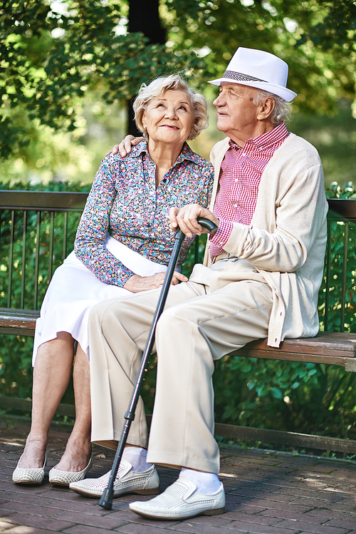 Affectionate seniors sitting on bench in park and interacting