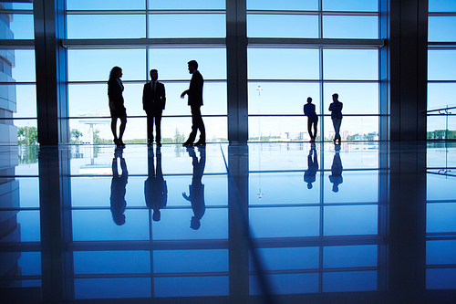 Silhouettes of people communicating in office building