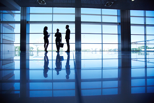 Silhouettes of group of office workers standing by the window and talking