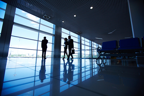 Silhouettes of group of white collar workers talking or consulting by office window