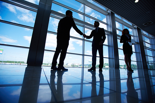 Male office workers standing by the window and handshaking with their colleague near by