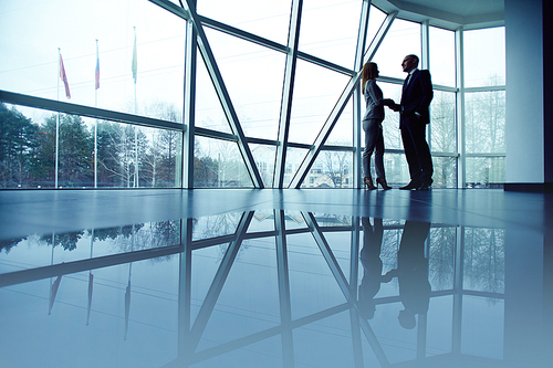 Outlines of co-workers handshaking in office