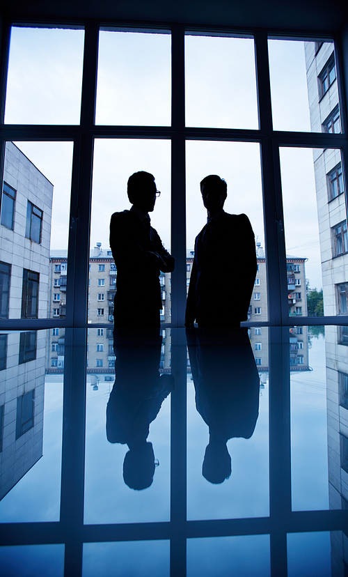 Two businessmen talking by the window in office