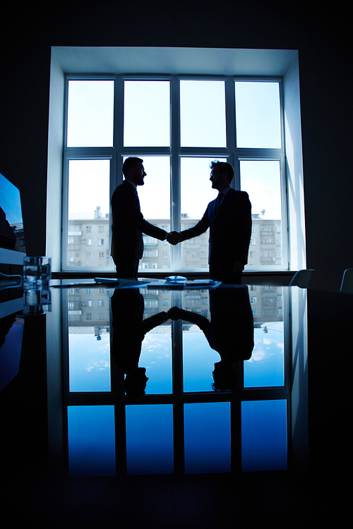 Young businessmen greeting one another by handshake