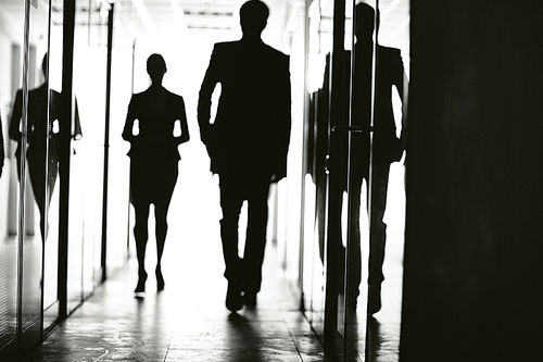 Silhouettes of business people walking at office