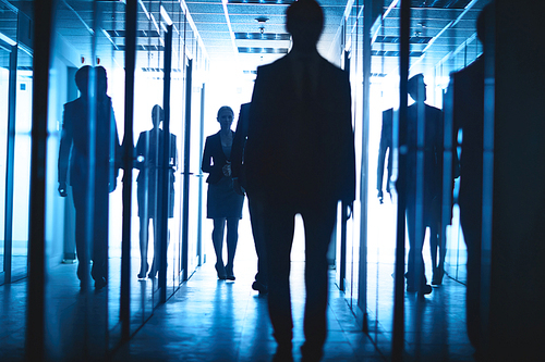 Elegant businesswoman and businessmen walking down corridor of business center