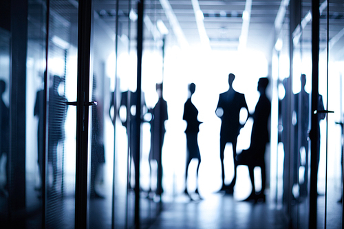 Closed door of office with silhouettes of several employees on background