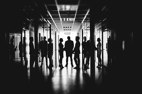 Employees talking in corridor of business center