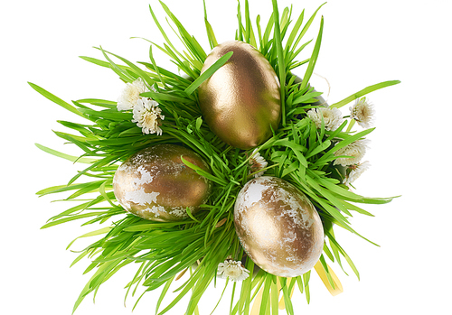 The composition of golden eggs and grass on white background