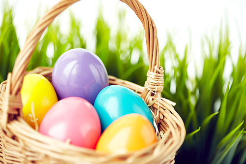 Easter eggs of various colors in basket