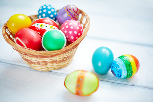 Decorative eggs of various colors in basket