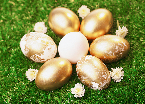 Background of white and golden eggs