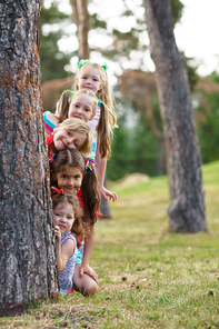 Happy little kids standing behind each other and looking out of tree while playing in park on a summer day