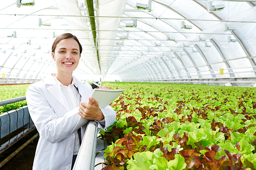 Happy agronomist making notes about new kinds of lettuce
