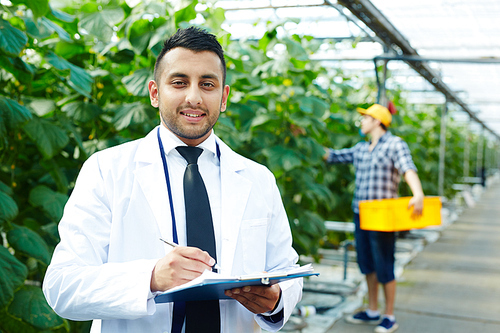 Waist-up portrait of confident young inspector  with toothy smile while carrying out inspection at modern greenhouse, worker harvesting crops on background