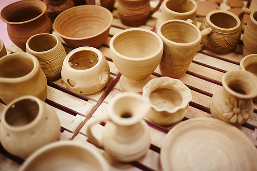 Assortment of crockery items in workshop of potter