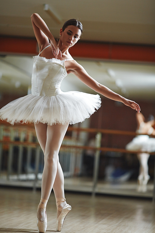 Portrait of graceful ballerina wearing white tutu dancing in half-lit ballet studio practicing for stage performance