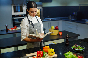 Housewife reading recipe in cookery book