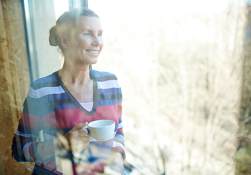 Calm woman with cup of tea enjoying sunny day by the window