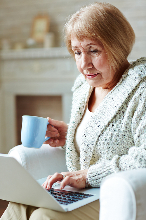 Portrait of concentrated senior woman working from home via Internet and sitting with cup of coffee by fireplace