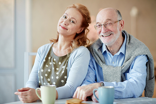 Portrait of smiling mature couple sitting close together at kitchen table with tea cups and homemade cookies, 