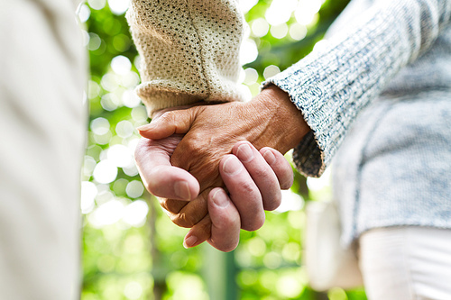 Hands of amorous senior couple during walk in natural environment