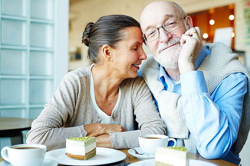 Affectionate spouses having dessert and tea in cafe
