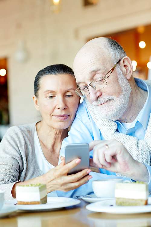 Affectionate seniors with smartphone searching in the net