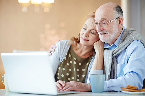 Restful mature couple sitting in front of laptop