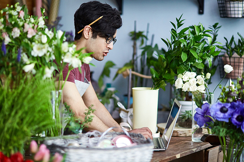 Modern florist browsing in the net at workplace