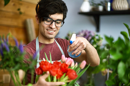 Happy young man with sprayer watering tulips