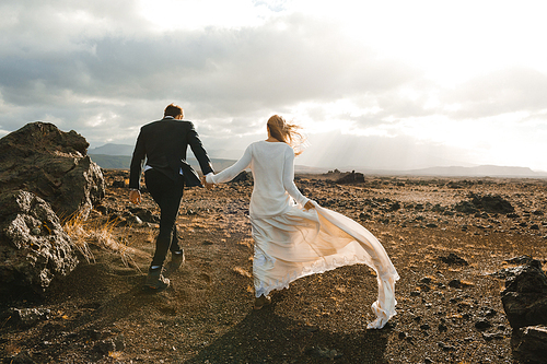 Back of just married couple taking walk on plains of Iceland