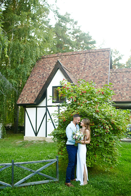 Newlyweds embracing in natural environment by green bush