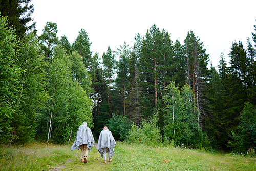 Back view of couple of hikers in plastic raincoats moving down forest path