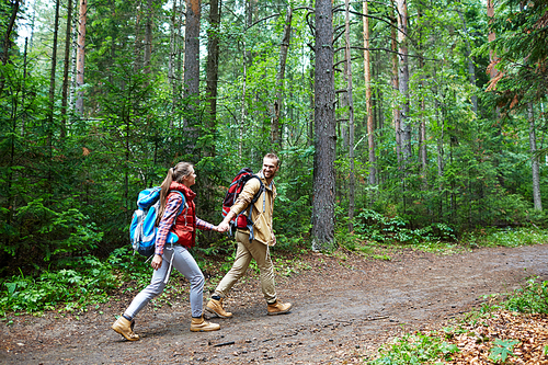 Couple of tourists walking along forest path on sumemr day