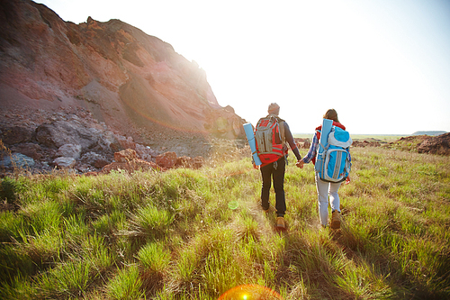 Back view image of young tourist couple traveling with big backpacks in nature, holding hands while walking by mountain path at sunset
