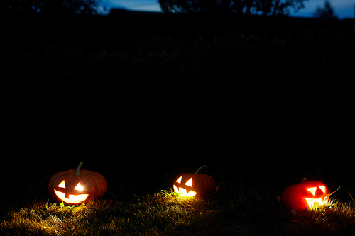 Group of traditional jack-o-lanterns glowing in the darkness
